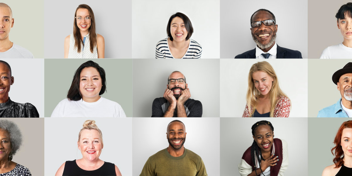 A grid of upbeat, multiethnic faces